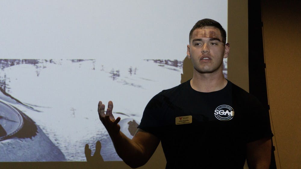 Aiden Medellin, president of Student Government Association, gives the "State of the Senate" presentation Sept. 25 outlining Elevate's progress on its platform points so far this year at the L.A. Pittenger Student Center. Medellin said the slate has accomplished five of its 15 points so far. John Lynch, DN