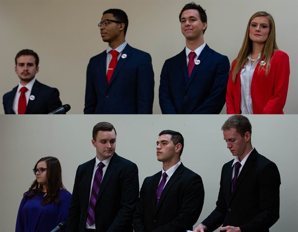 <p>(Top to bottom) 2019 Student Government Association (SGA) candidates from Empower and Elevate stand before the All-Slate Debate Feb. 18, 2019 in the L.A. Pittenger Student Center ballroom. Both slates could face fines for copyright violations. <strong>Scott Fleener, DN</strong></p>