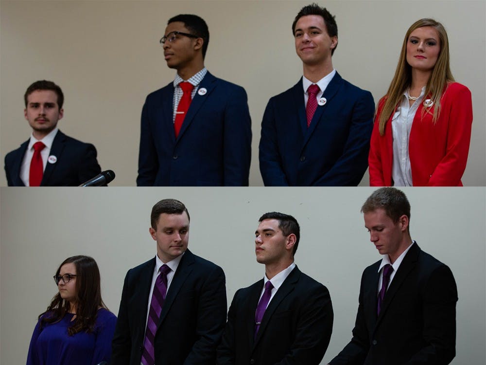 (Top to bottom) 2019 Student Government Association (SGA) candidates from Empower and Elevate stand before the All-Slate Debate Feb. 18, 2019 in the L.A. Pittenger Student Center ballroom. Both slates could face fines for copyright violations. Scott Fleener, DN