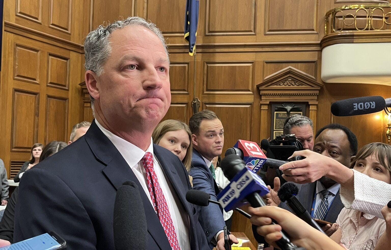 Indiana House Speaker Todd Huston during a session with reporters on Nov. 18, 2025. (Photo by Tom Davies/Indiana Capital Chronicle)