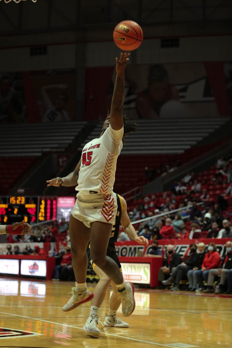 Ball State Junior Tyler Cochran goes for a lay up on Nov. 3 at Worthen Arena. In the final seconds of the game, Cochran missed two shots that would have put the Cardinals up by 1 point.