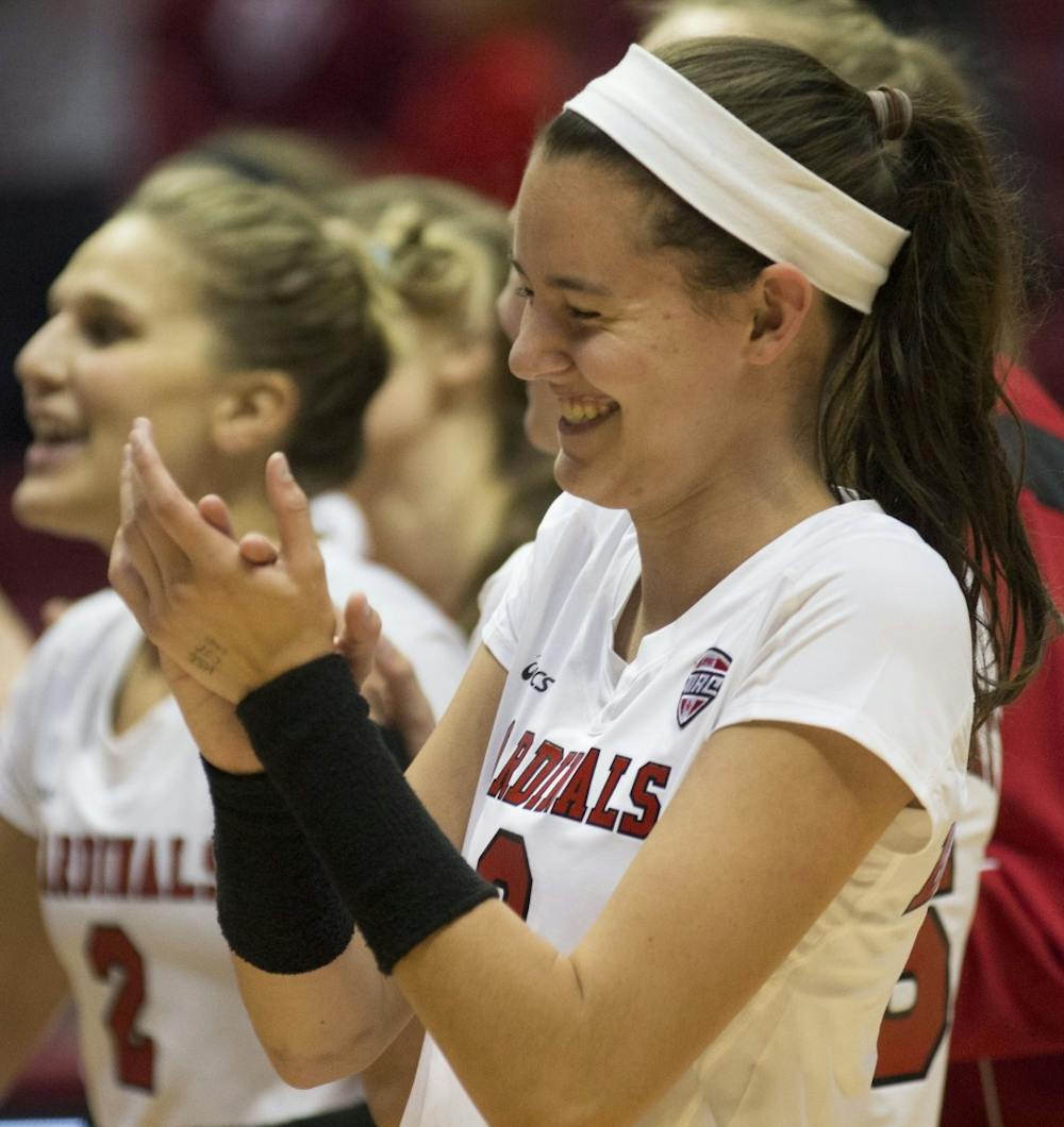 No. 3 Brooklyn Goodsel celebrates after Ball State wins all three matches against Toledo at Worthen Arena on October 29th, 2015.