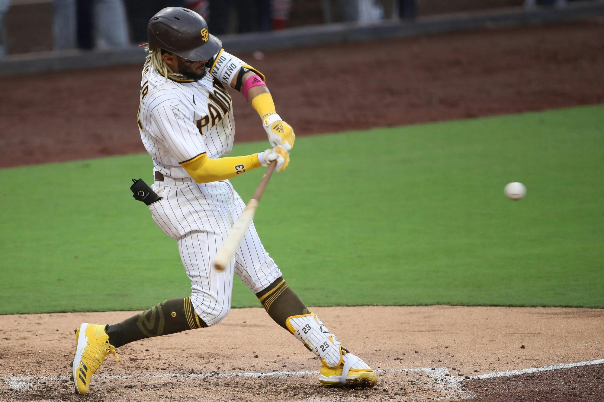  Fernando Tatis Jr. of the San Diego Padres hits a double against the St. Louis Cardinals during the fifth inning of Game Three of the National League Wild Card Series on Oct. 2, 2020, at PETCO Park in San Diego, California. TNS Photo Courtesy
