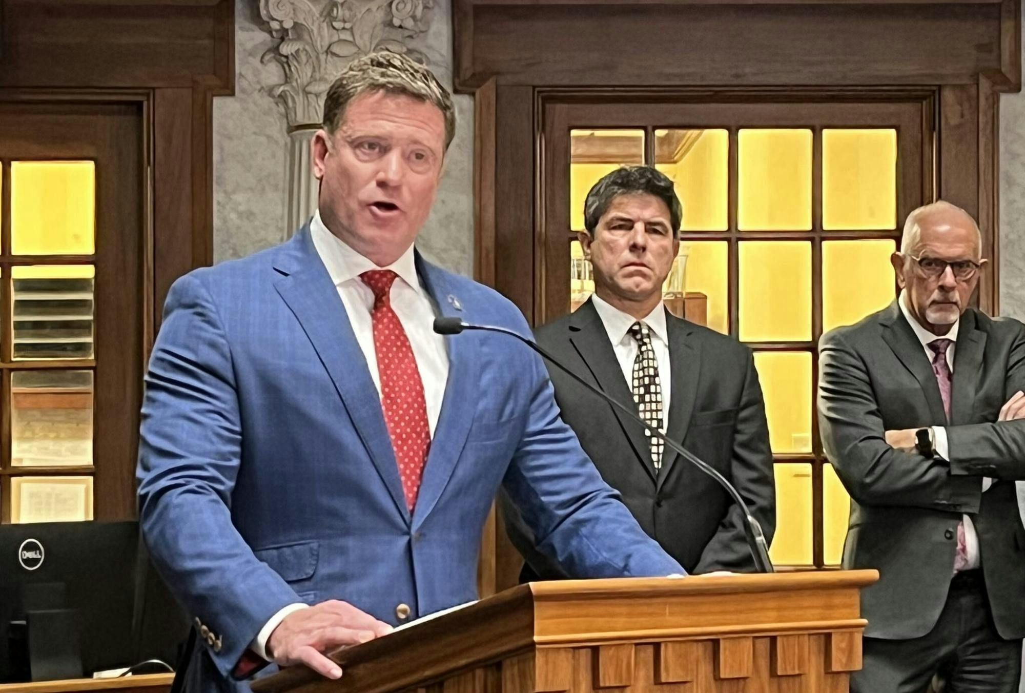 Sen. Chris Garten, R-Charlestown, speaks along Senate President Pro Tem Rodric Bray, center, and Sen. Travis Holdman, R-Markle, during a January 2023 news conference. (Photo by Tom Davies/Indiana Capital Chronicle)