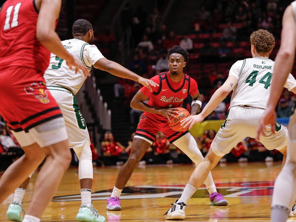 Junior guard Jalin Anderson sees a through pass against Eastern Michigan Feb. 24 at Worthen Arena. Anderson had two points in the first half. Andrew Berger, DN