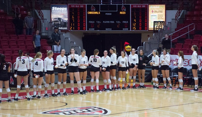 Ball State women's volleyball defeats Evansville on Sept. 14 in John E. Worthen Arena. The Cardinals beat the Aces 3-0. 