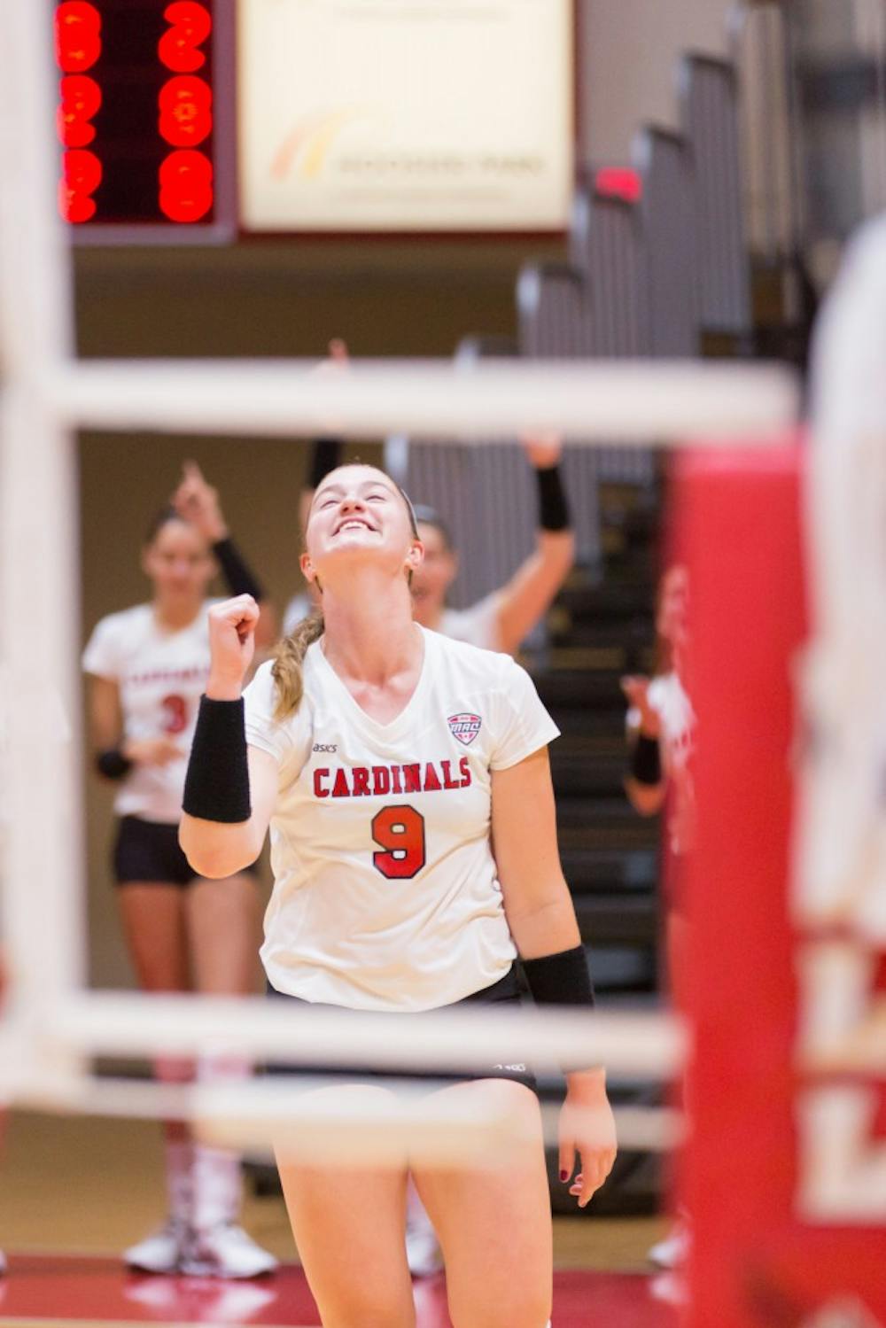 Junior outside hitter Sabrina Mangapora celebrates after a score at the game against IUPUI on Aug. 31 at John E. Worthen Arena. Kyle Crawford // DN