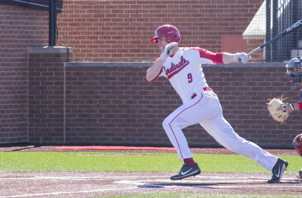 <p>Ball State baseball player Colin Brockhouse begins to run after hitting the ball during the game against the University of Dayton on March 18 at the Baseball Diamond at First Merchant’s Ballpark Complex. <strong>Briana Hale, DN</strong></p>