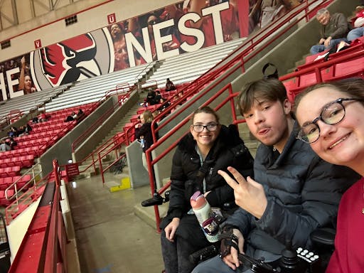 Faith Graves, Dillon Rosenlieb and Sam Kalvaitis pose for a selfie during a Ball State men's basketball game at Worthen Arena Jan. 19. Sam Kalvaitis, Photo Provided