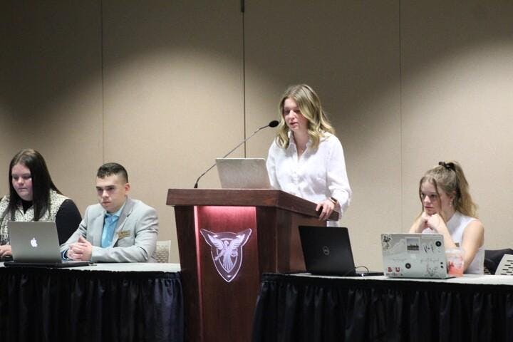 Ball State University Student Government Association Vice President Monet Lindstrand discusses her executive report Feb. 21 in the L.A. Pittenger Student Center. Meghan Braddy, DN
