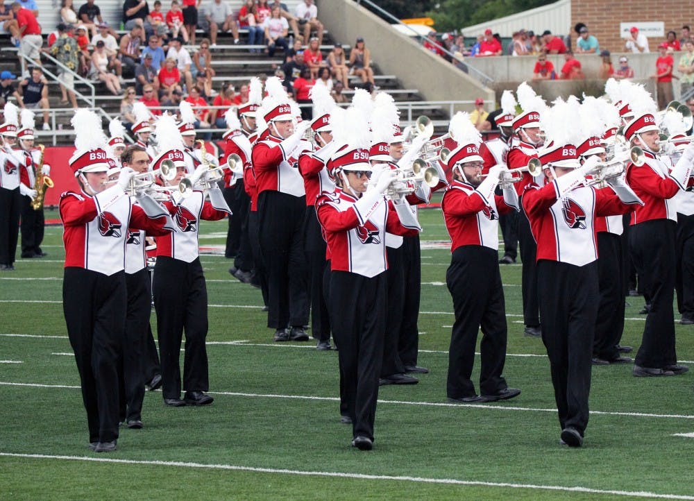 Ball State Pride of Mid-America marching band performs during halftime of the Cardinals’ game against Tennessee Tech on Sept. 16 at Scheumann Stadium. The band played a medly. Paige Grider, DN File