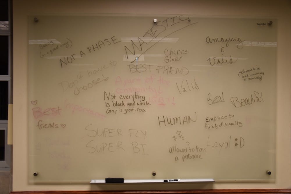 Spectrum hosted a discussion on biases in sexuality on Sept. 22 in the L.A. Pittenger Student Center. Students shared words and phrases they felt accurately described bisexuals. Patrick Calvert // DN