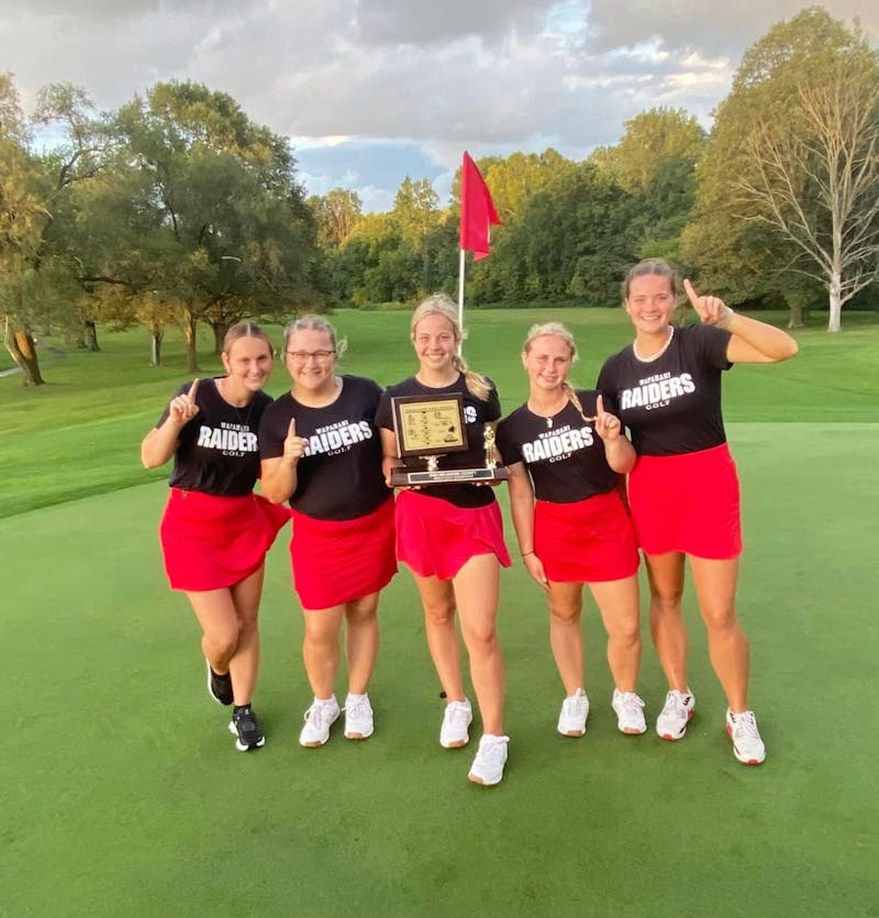 Wapahani girls' golf poses with Delaware County championship trophy after winning the event at the Muncie Elks Golf Course. Brad Miller, photo provided. 