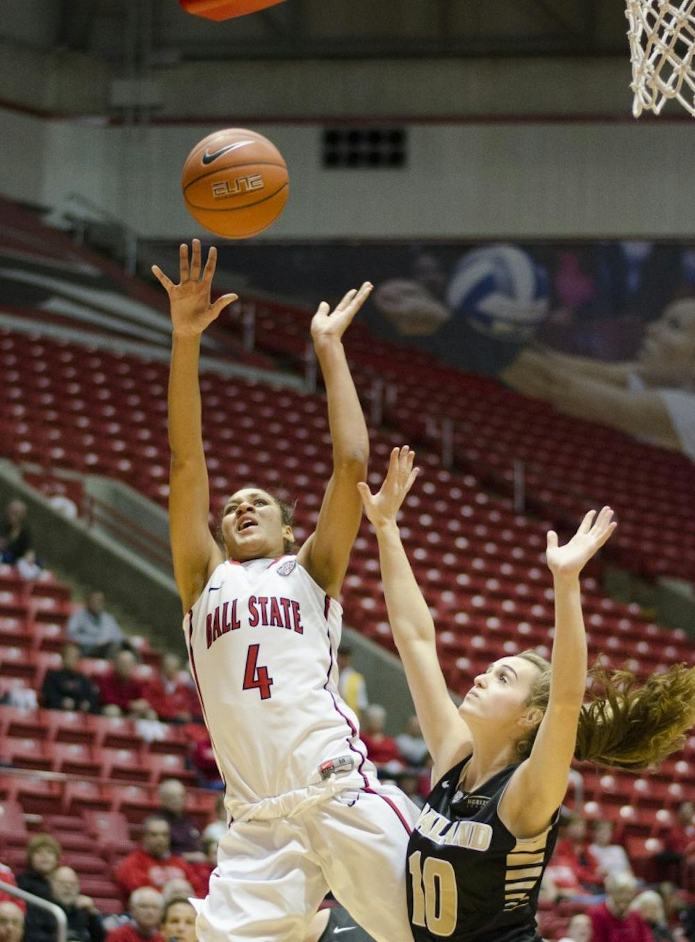 Junior forward Nathalie Fontaine attempts to get a shot during the game against Oakland on Dec. 6 at Worthen Arena. DN PHOTO BREANNA DAUGHERTY