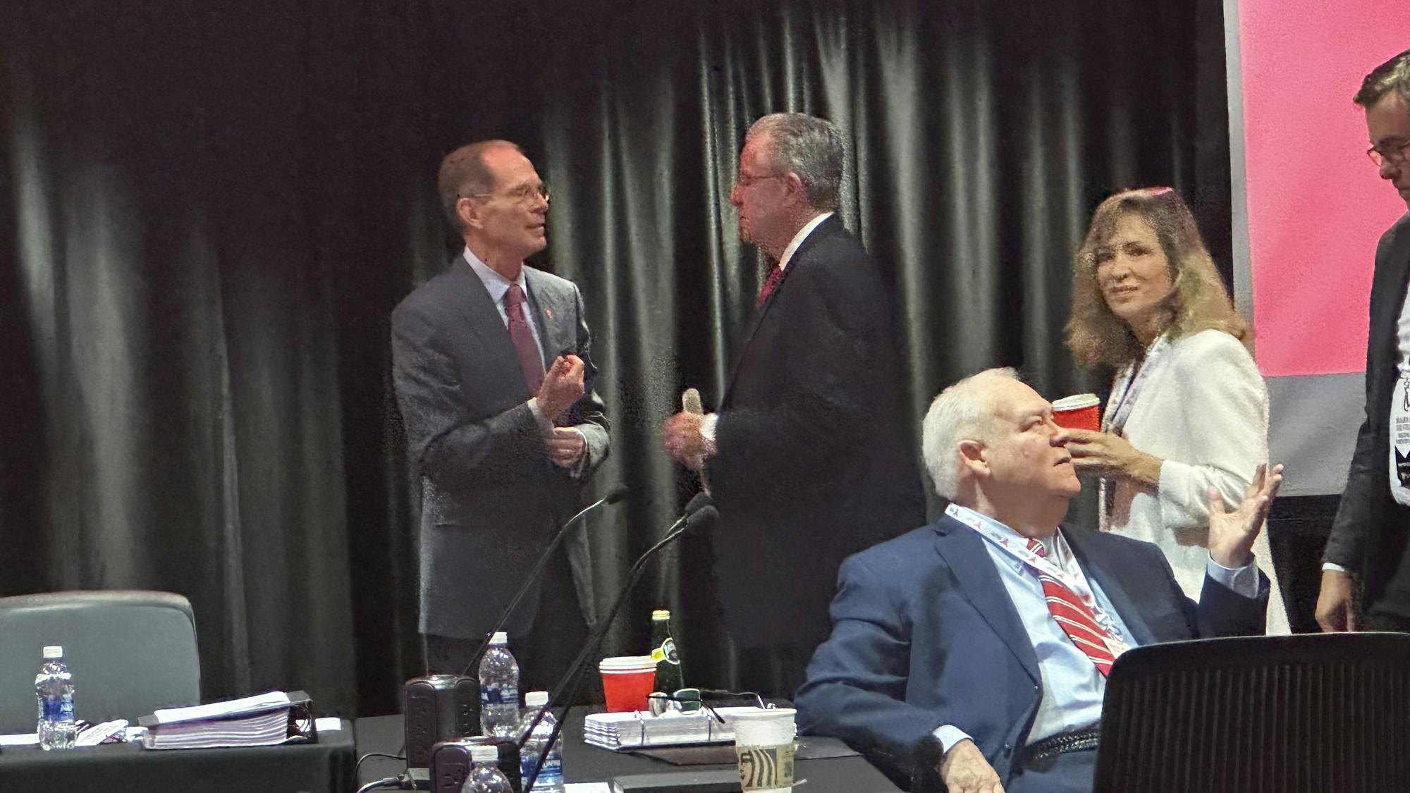 Ball State President Geoffrey Mearns speaks to another board member during the Board of Trustees meeting Sept. 26 at the L.A. Pittenger Student Center, Cardinal Hall A. Shelby Anderson, DN