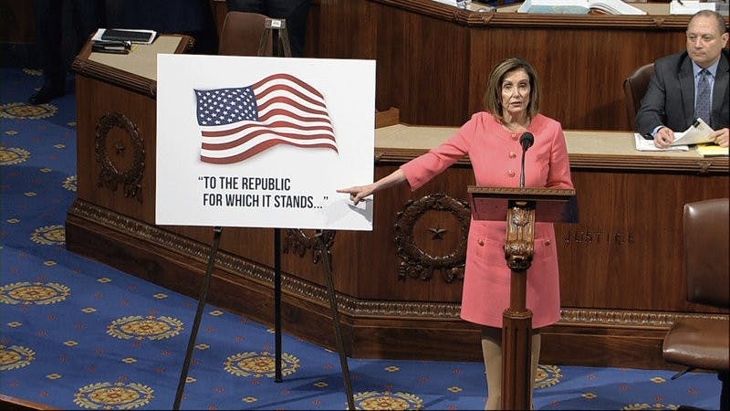 In this image from video, House Speaker Nancy Pelosi of Calif., speaks as the House of Representatives debates the impeachment managers resolution at the Capitol in Washington, Wednesday, Jan. 15, 2020. (House Television via AP)