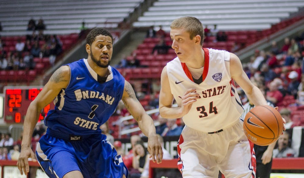 Freshman forward Sean Sellers attempts to drive the ball during the game against Indiana State on Dec. 6 at Worthen Arena. DN PHOTO BREANNA DAUGHERTY