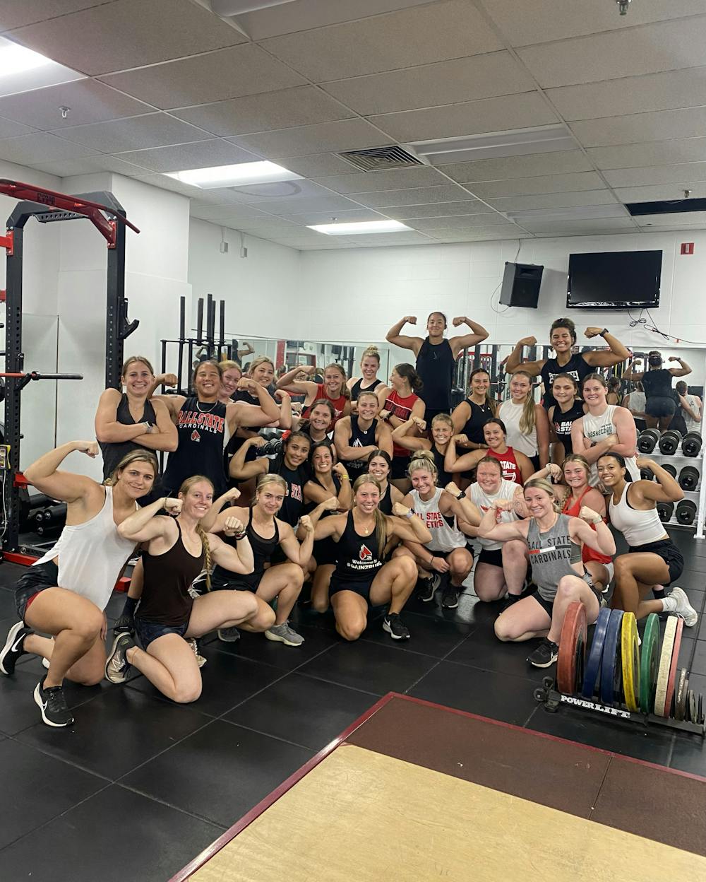 Ball State softball poses for a photo for the teams "flex Friday" Sept. 1, 2023 at Ball State University. Myranda Harrison, Photo provided