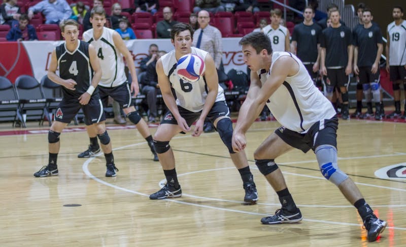 Ball State's outside attacker Mitch Weiler attempts to bump the ball during the game against Saint Francis on Jan. 12 in Worthen Arena. The Cardinals won 3-0. Teri Lightning Jr., DN