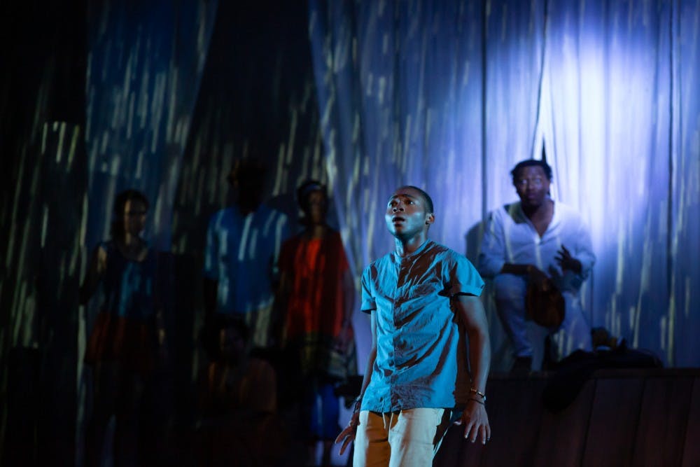 Ogunde Snelling, a junior acting major, performs as Marcus during a rehearsal of “Marcus; Or the Secret of Sweet” Sept. 18 at University Theatre. The show will debut 7:30 p.m. Sept. 20 in University Theatre. Kyle Crawford, Byte