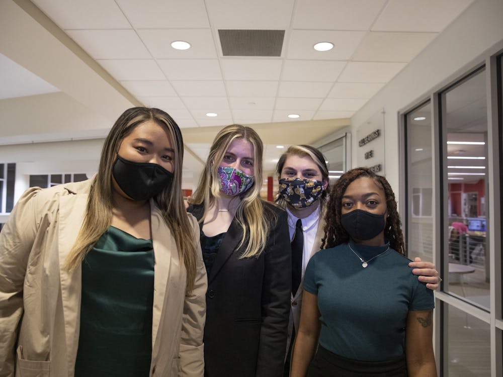 (From left to right) Tina Nguyen, Chiara Biddle, Jacob Bartolotta and Nita Burton of the Student Government Association (SGA) Strive slate stand together Feb. 10, 2021. SGA held its first &quot;blitz&quot; to get student perspectives on campus issues Sept. 15. Jacob Musselman, DN File
