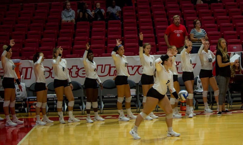 The Ball State Women's Volleyball team signals for match point Tuesday, Sept. 11, 2018, at Worthen Arena. The team won the match, 3-0. Alex Straw,DN