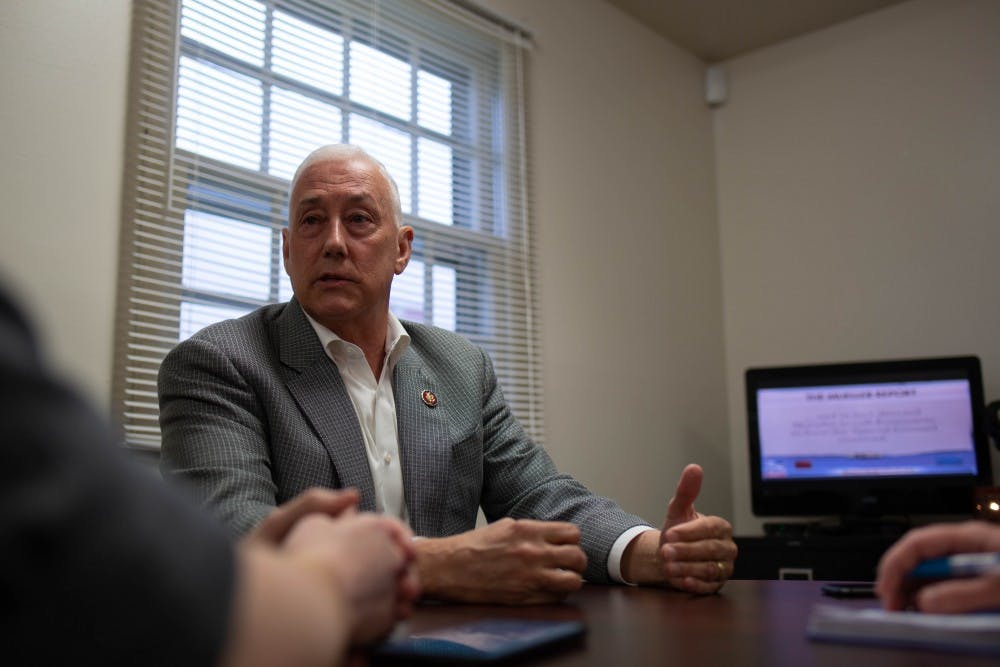 <p>Representative Greg Pence speaks in his office in Muncie April 25, 2019. Pence serves on the House Transportation &amp; Infrastructure Committee and the House Committee on Foreign Affairs in the 116th Congress, according to his website. <strong>Scott Fleener, DN</strong></p>