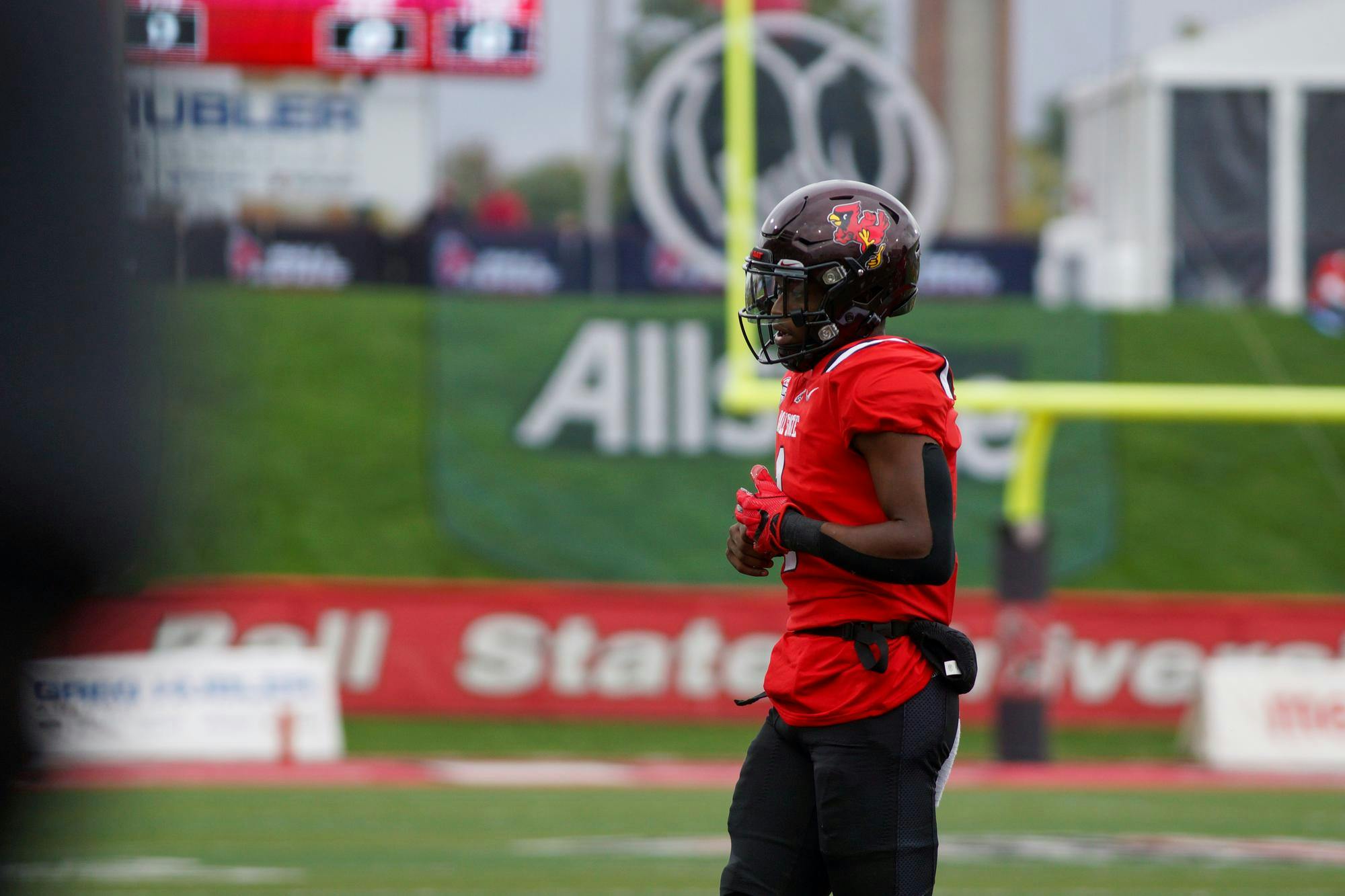 Redshirt sophomore Kiael Kelly runs off the field in a game against Toledo Oct. 14 at Scheumann Stadium. Kelly had 55 rushing yards in the first half. Daniel Kehn, DN