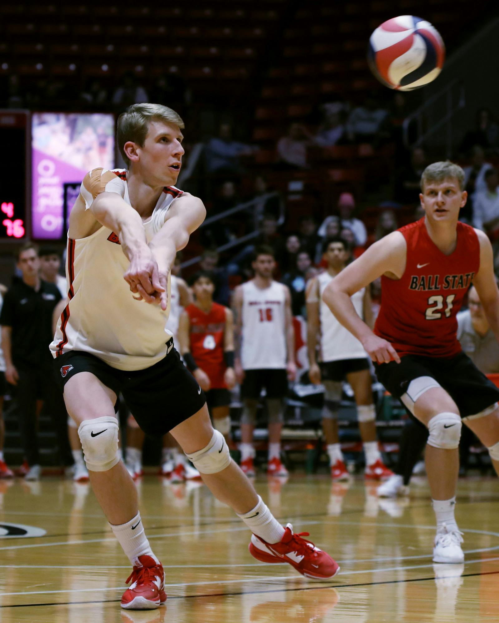 Graduate student outside attacker Kaleb Jenness hits the ball in a game against Queens University of Charlotte Jan. 27 at Worthen Arena. Jenness had 18 total attacks during the game. Amber Pietz, DN