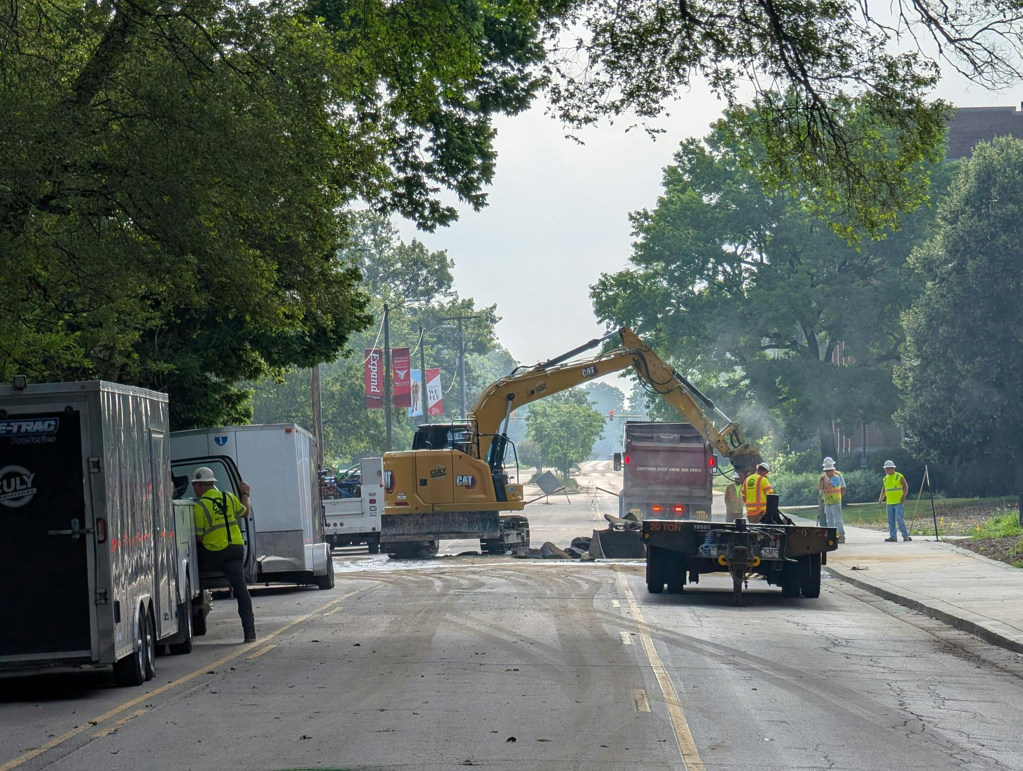 Construction crews work on repairing a geothermal leak on July 14, 2025, which resulted in the closure of Riverside Ave until repairs can be completed. The leak closed the road down Sunday afternoon. 