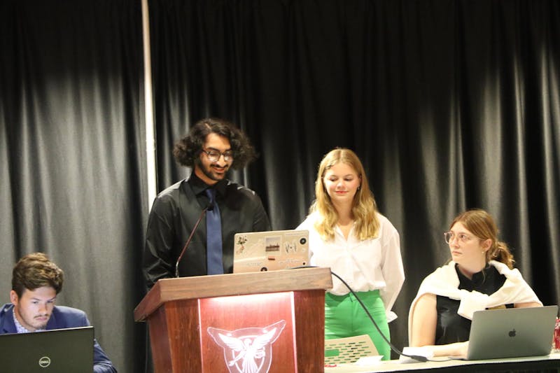 Student Government Association's Gunjot Dhot, a first-year student,  and Vice President Brenna Large address the senate at Ball State University's L.A. Pittenger Student Center Sept. 11.