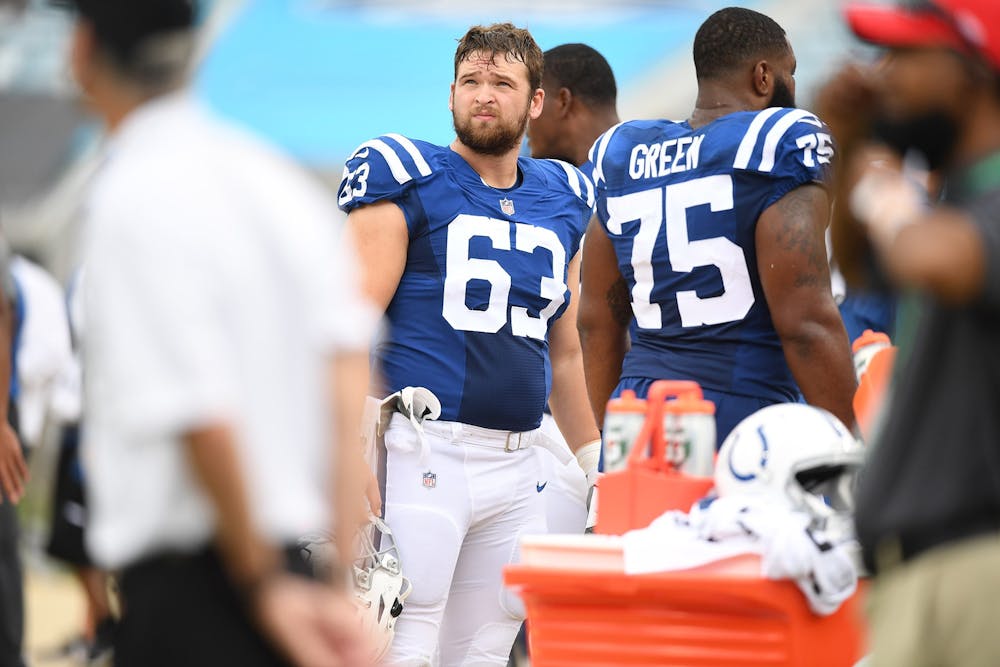 <p>Former Ball State offensive lineman, now Indianapolis Colts guard, Danny Pinter looks up during the Colts’ first game of the 2020 NFL season against the Jacksonville Jaguars Sept. 13, 2020, at Lucas Oil Stadium in Indianapolis. Pinter was selected in the fifth round of the 2020 NFL Draft by the Colts and made the team’s 53-man roster. <strong>Indianapolis Colts, Photo Provided</strong></p>