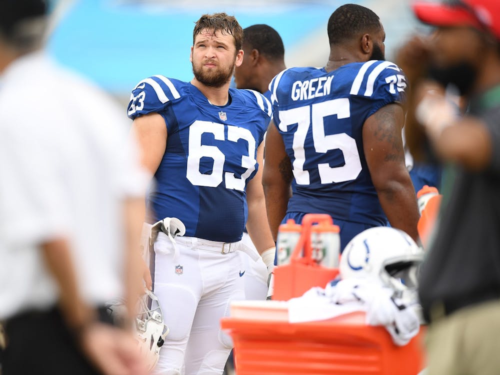 Former Ball State offensive lineman, now Indianapolis Colts guard, Danny Pinter looks up during the Colts’ first game of the 2020 NFL season against the Jacksonville Jaguars Sept. 13, 2020, at Lucas Oil Stadium in Indianapolis. Pinter was selected in the fifth round of the 2020 NFL Draft by the Colts and made the team’s 53-man roster. Indianapolis Colts, Photo Provided