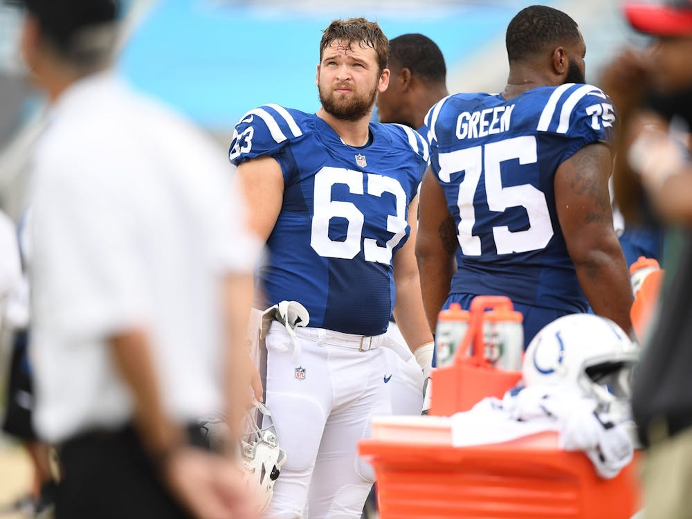 Former Ball State offensive lineman, now Indianapolis Colts guard, Danny Pinter looks up during the Colts’ first game of the 2020 NFL season against the Jacksonville Jaguars Sept. 13, 2020, at Lucas Oil Stadium in Indianapolis. Pinter was selected in the fifth round of the 2020 NFL Draft by the Colts and made the team’s 53-man roster. Indianapolis Colts, Photo Provided