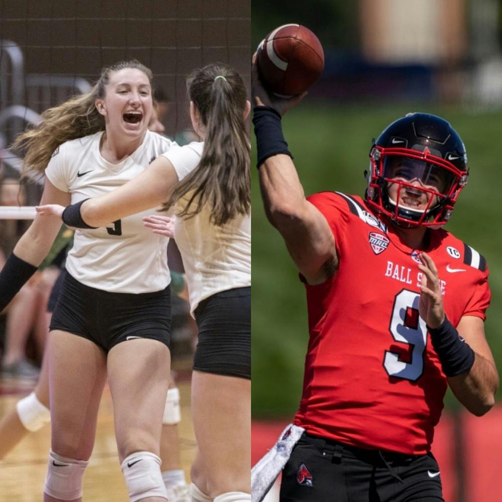 <p>Marie Plitt is in in first year as a middle blocker for Ball State Women's Volleyball, while Drew Plitt is in the middle of his fourth season with Ball State Football as a redshirt quarterback. <strong>Left photo courtesy of Ball State Athletics. Right photo by Jacob Musselman, DN&nbsp;</strong></p>