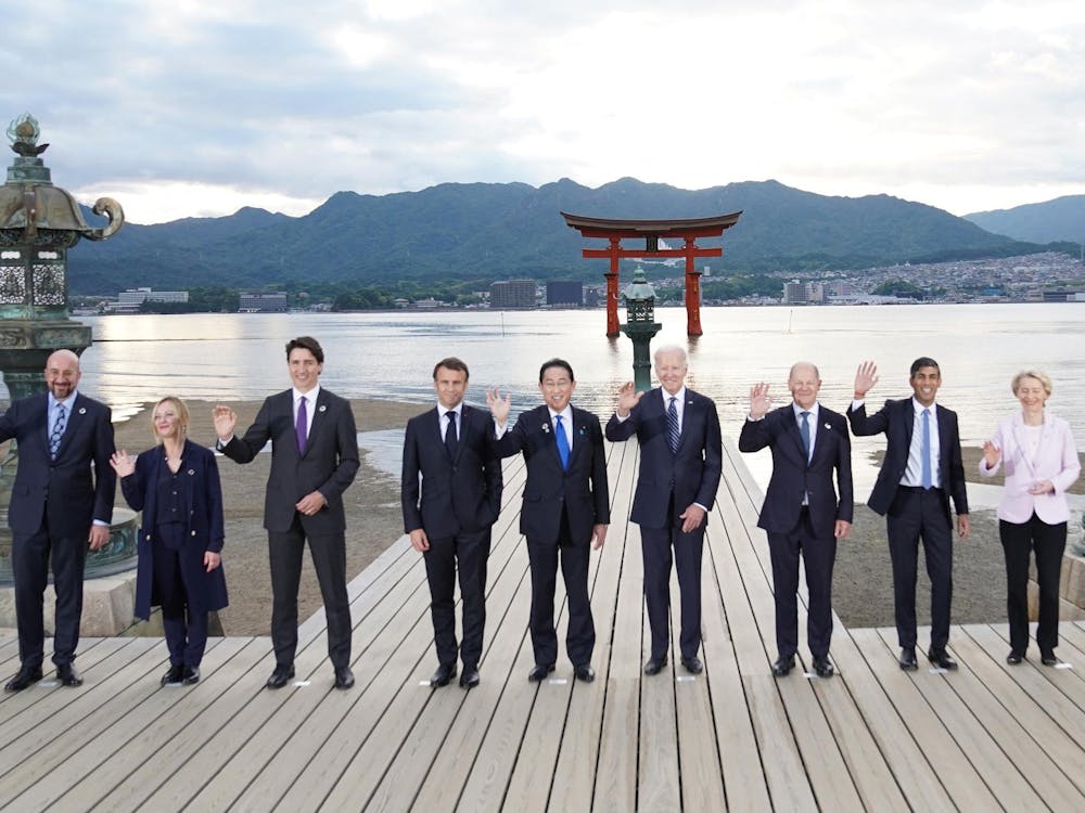 (L-R) European Council President Charles Michel, Italy&apos;s Primer Minister Giorgia Meloni, Canada&apos;s Prime Minister Justin Trudeau, France&apos;s President Emmanuel Macron, Japan&apos;s Prime Minister Fumio Kishida, US President Joe Biden, German Chancellor Olaf Scholz, Britain&apos;s Prime Minister Rishi Sunak and European Commission President Ursula von der Leyen pose for the family photo during a visit to the Itsukushima Shrine in Miyajima Island as part of the G7 Leaders&apos; Summit, on May 19, 2023. (Stefan Rousseau/POOL/AFP via Getty Images/TNS)