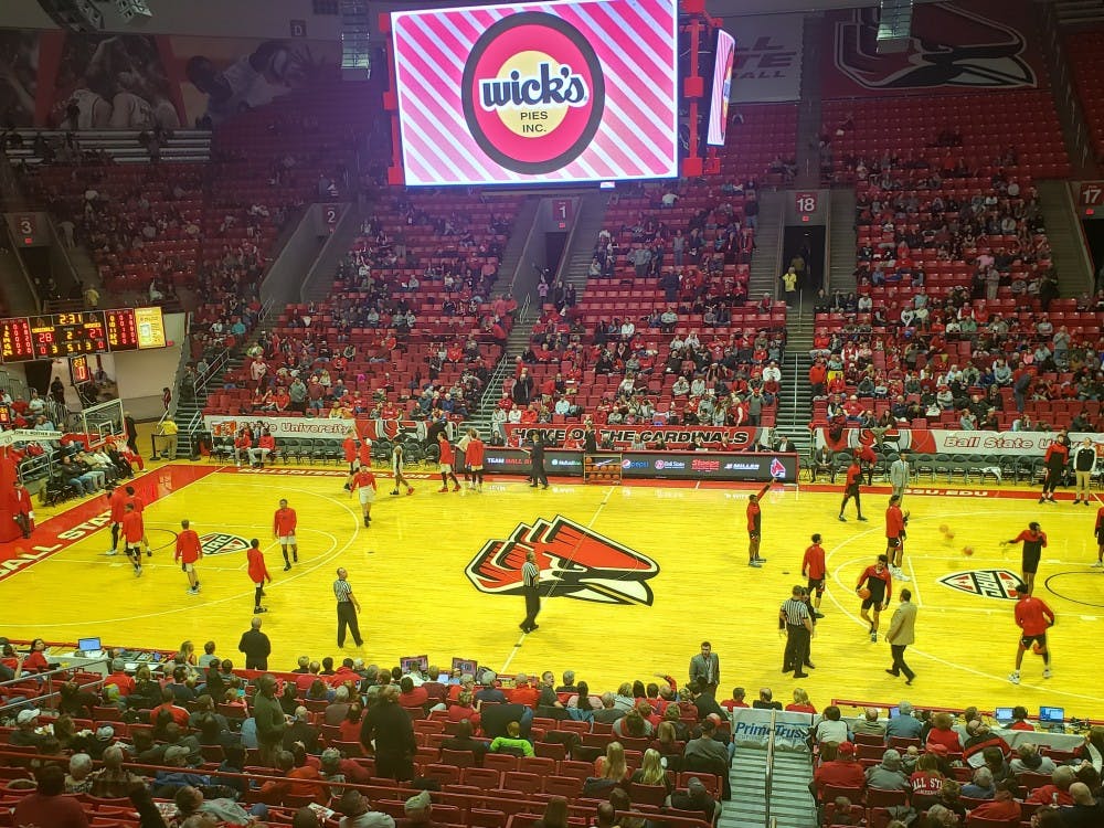 <p>Players warm up before the second half March 8, 2019, in John E. Worthen Arena. Ball State lost to Northern Illinois 64-57 on senior night. <strong>Zach Piatt, DN</strong>&nbsp;</p>