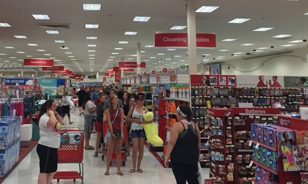 Students stand in line to pay at Target Aug. 20 during Ball State's exclusive shopping event. The university bussed students in for free. DN PHOTO CASEY SMITH