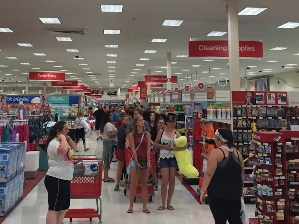 Students stand in line to pay at Target Aug. 20 during Ball State's exclusive shopping event. The university bussed students in for free. DN PHOTO CASEY SMITH