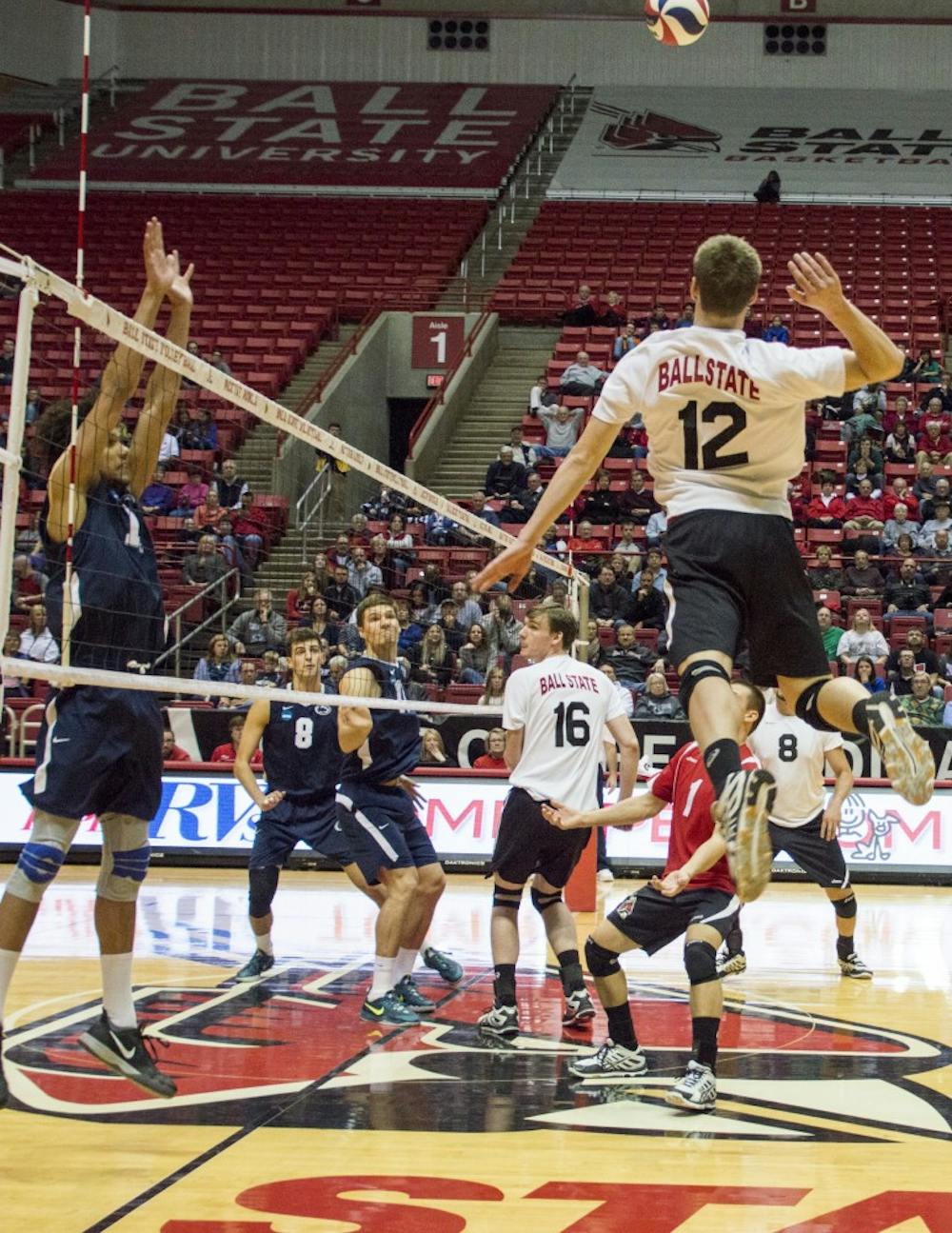 Senior Matt Sutherland hits the ball over the net during the game against Penn State on Jan. 16 at Worthen Arena. DN PHOTO ALAINA JAYE HALSEY