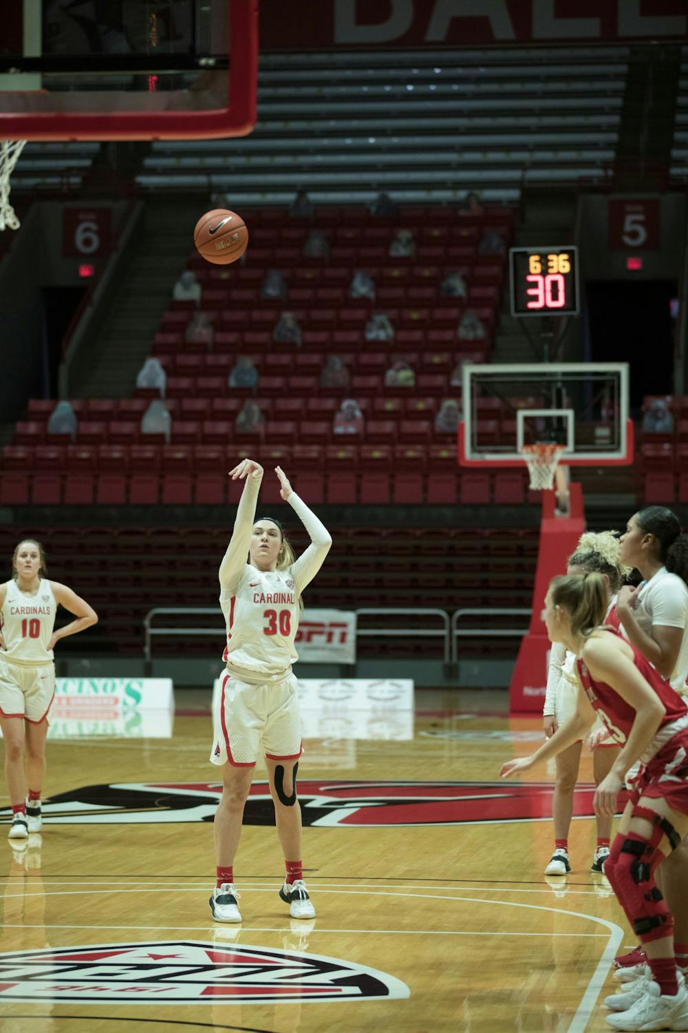 <p>Cardinals redshirt sophomore guard Anna Clephane shoots a free throw during a game against the Miami University Redhawks Jan. 27, 2021, at John E. Worthen Arena. The Cardinals took the win 85-82. <strong>Grace Walton, DN</strong></p>