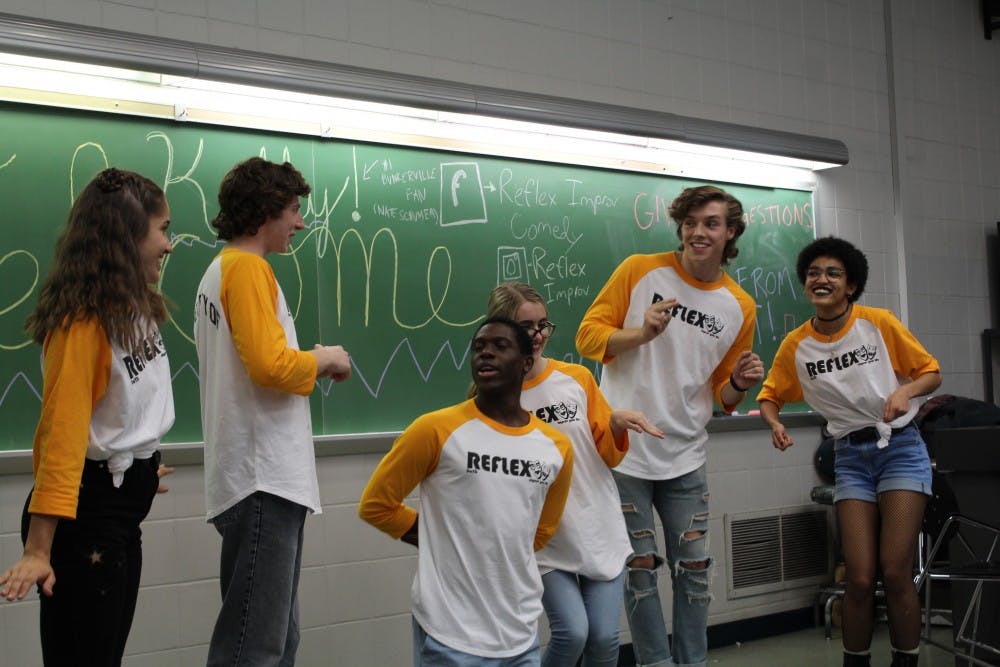 Members of Reflex Improv perform skits on campus Sept. 22, 2018. This year the group has tried to be more structured, even though they focus on improvisation. Photo provided, Tara Heilwagen