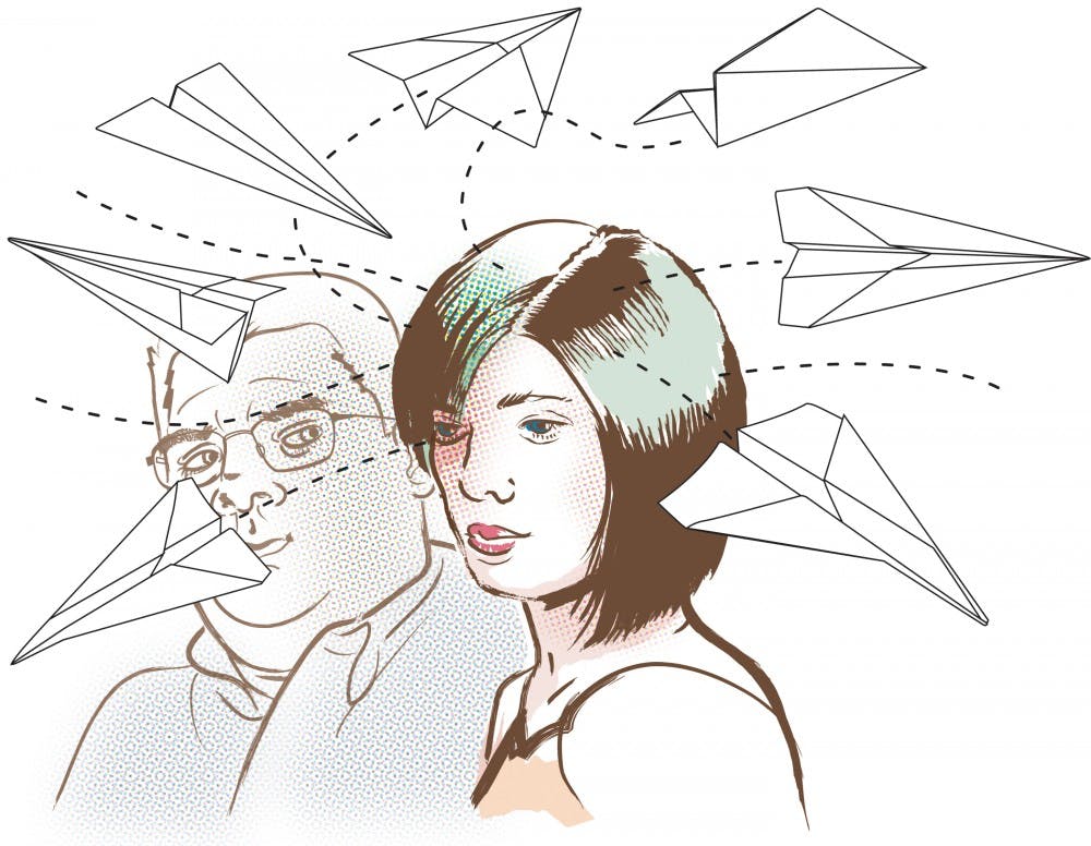 300 dpi Rick Tuma illustration of paper airplanes flying around a distracted couple; can be used with stories on Attention Deficit Hyperactivity Disorder's effect on relationships. Chicago Tribune 2010<p>

07000000; HTH; krtcampus campus; krthealth health; krtnational national; krtworld world; MED; krt; mctillustration; 07017000; HEA; illness; attention deficit hyperactivity disorder adhd; krtrelationships relationships; paper airplane paper plane; tb contributed tuma; 2010; krt2010