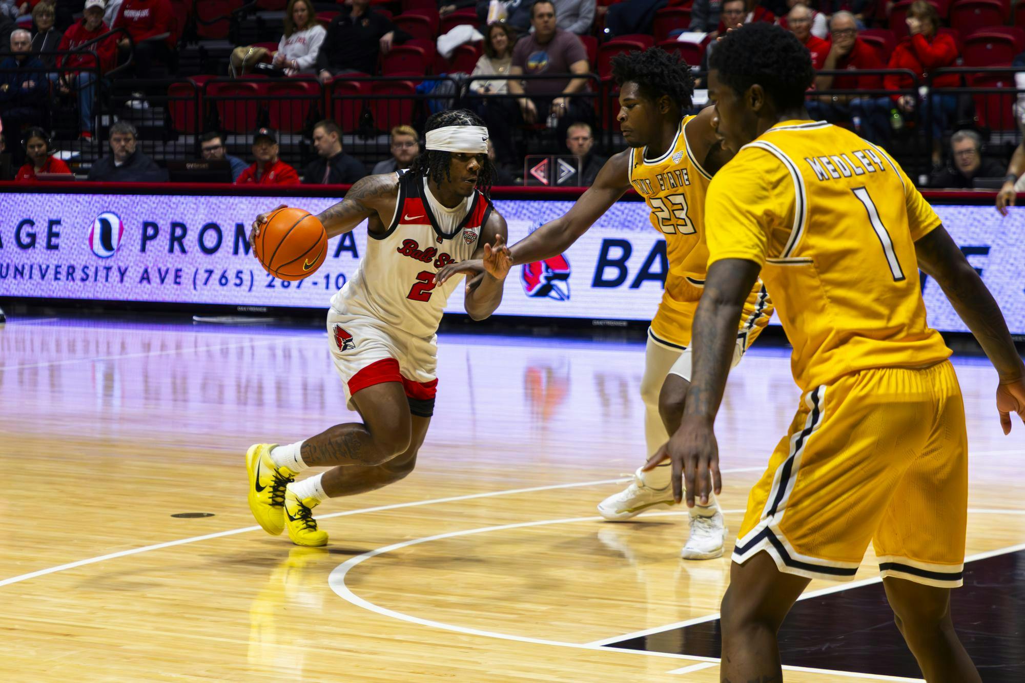 Redshirt Sophomore guard Davion Hill rushes the ball towards the net on Feb. 14 in Worthen Arena. Ball State Men’s Basketball team fell to Kent State 68-75. Brenden Rowan, DN