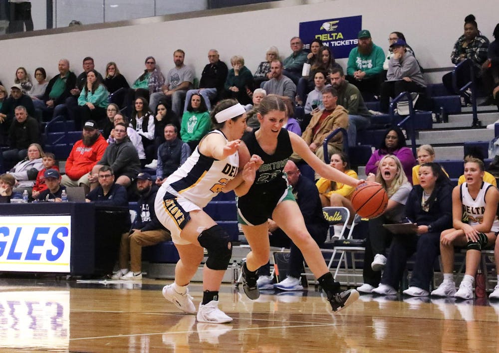 <p>Yorktown sophomore small forward Lilly Sylvester dribbles the ball Nov. 21 against Delta at Delta High School. Trinity Rea, DN.</p>
