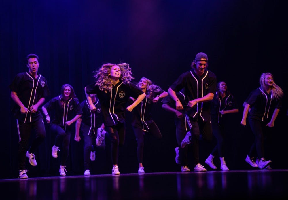 <p>Alpha Phi and Sigma Chi perform in Air Jam Oct. 18, 2018 in Emens Auditorium. The two organizations competed in the Greek life category. <strong>Tailiyah Johnson, DN</strong></p>