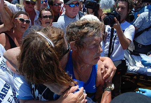 Diana Nyad told the crowd to "never give up" after she finished her historic 110-mile swim after finishing her historic swim from Havana, Cuba, to Key West, Florida on Monday. MCT PHOTO
