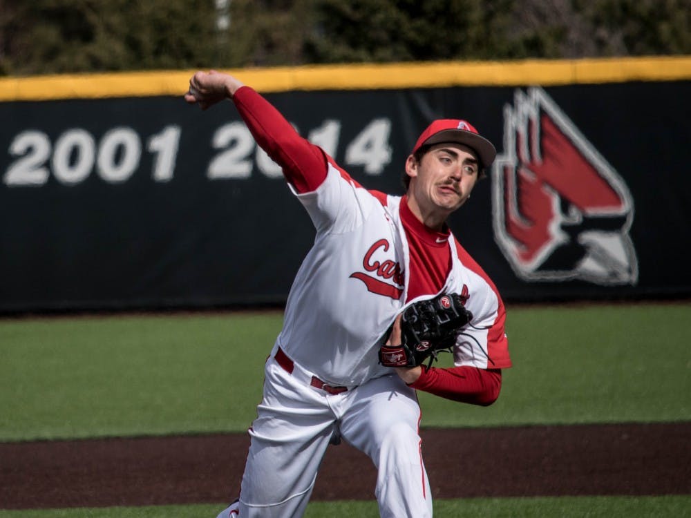Then-sophomore John Baker pitches during the game against Dayton March 16, 2018, in Muncie. Baker pitched eight innings before Drey Jameson took over. Rebecca Slezak, DN