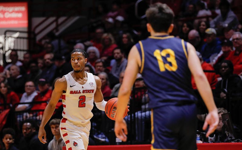 Graduate student guard Ethan Watts dribbles downcourt against Franklin College Nov. 8 at Worthen Arena. Watts had three defensive rebounds. Andrew Berger, DN 