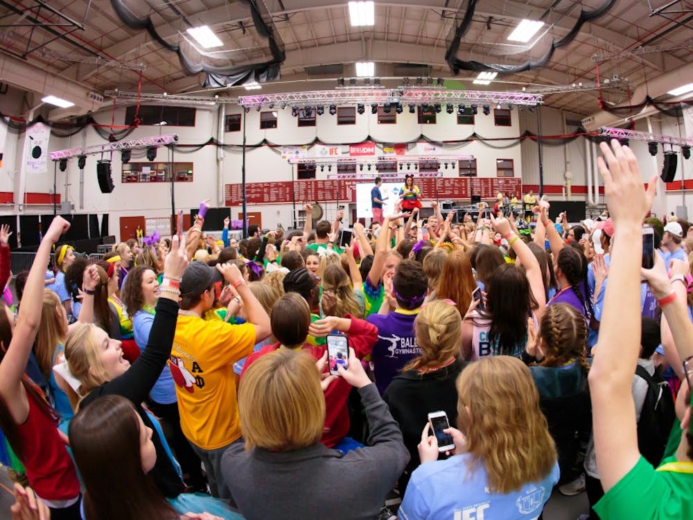 Dancers participate in a free dance session during the annual Ball State University Dance Marathon on Feb. 25, 2017 in the Field Sports Building to raise money to support Riley's Hospital for Children in Indianapolis. Kyle Crawford, DN File